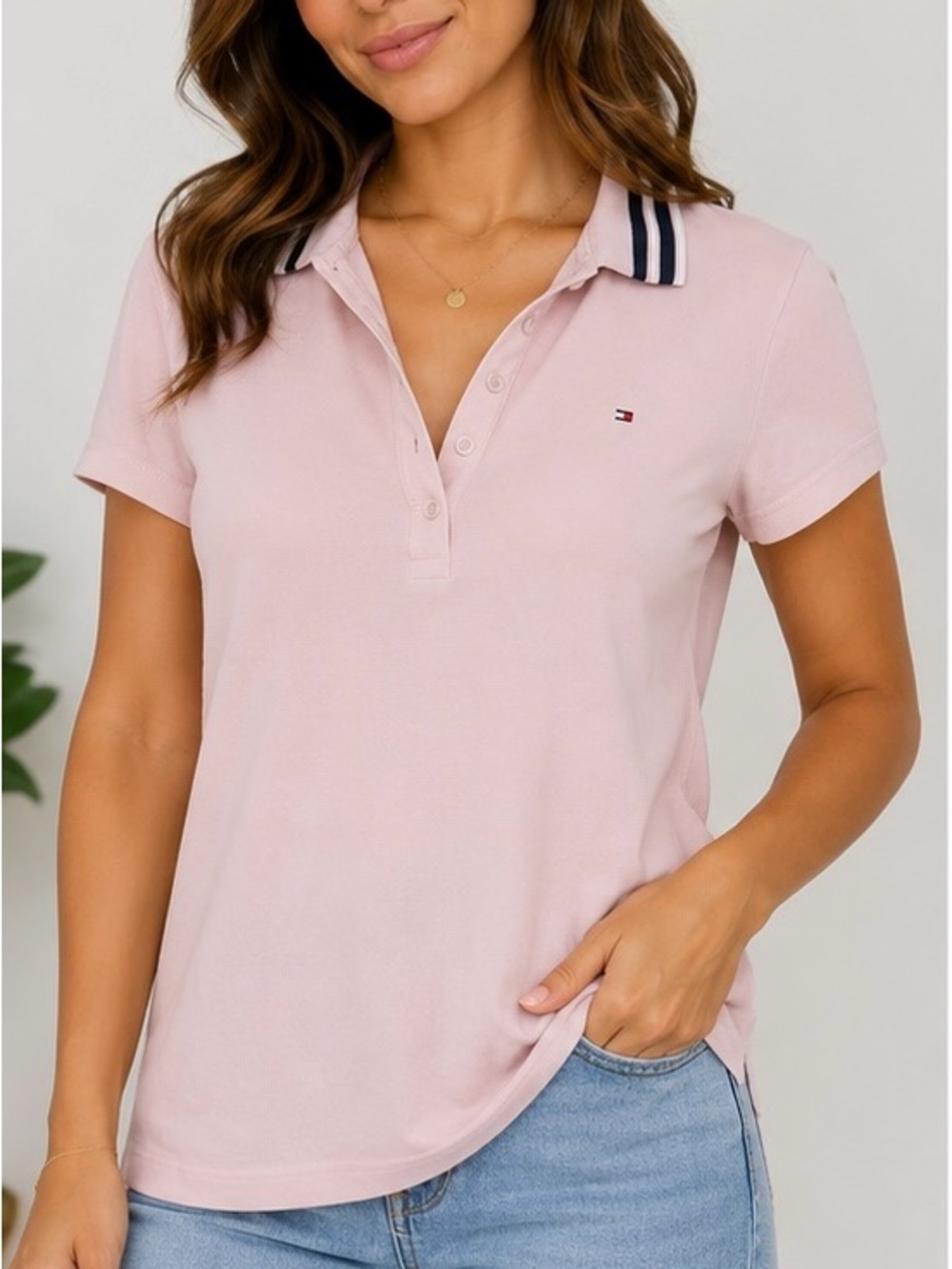 Tommy Hilfiger Women’s XL Pink Short Sleeve Polo Shirt Striped Collar Logo